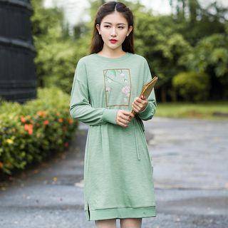 Long-sleeve Drawstring Waist Printed Dress