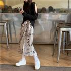 Long-sleeve Cold-shoulder T-shirt / Print Midi Skirt