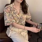 3/4 Sleeve Chiffon Floral Shirt As Shown In Figure - One Size
