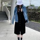 Velvet Long-sleeve Midi A-line Dress Black - One Size