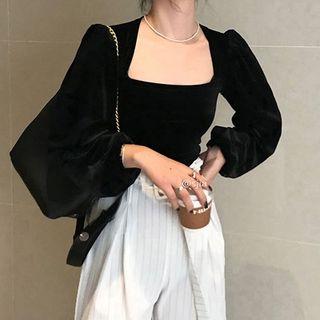 Plain Square-neck Slim-fit Velvet Puff-sleeve Blouse