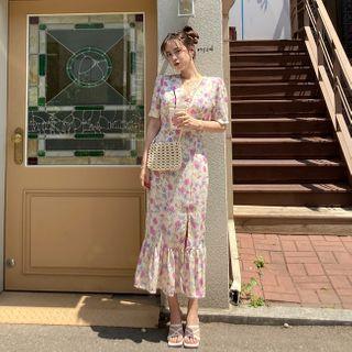 Slit-front Ruffle-hem Floral Print Dress