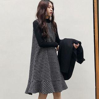 Mock-neck Long-sleeve Knit Top / Ruffle Hem Sleeveless Knit Dress / Set
