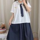 Short-sleeve Sailor Collar Shirt / Neck Tie / Brooch / Midi A-line Skirt / Set