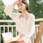 Floral Embroidery Blouse White - One Size