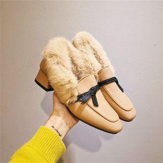 Tie-front Furry Chunky-heel Loafers