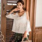 3/4-sleeve Cold Shoulder Perforated Top White - One Size