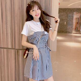 Short-sleeve Plaid Mock Two-piece Dress