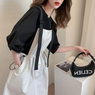 Set: Elbow-sleeve Plain Top + Midi Overall Dress
