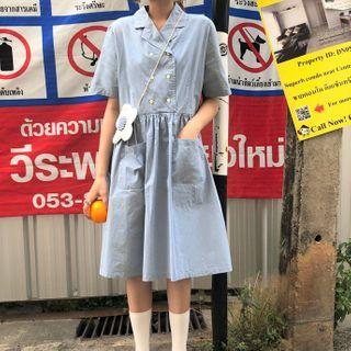 Short-sleeve Notch Lapel Midi A-line Dress