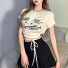 Tie-waist Buttoned Letter Cropped T-shirt