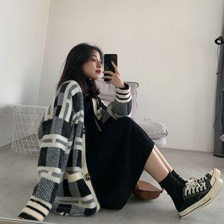 Plaid Long Cardigan Plaid - Black & White - One Size