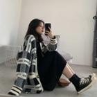 Plaid Long Cardigan Plaid - Black & White - One Size