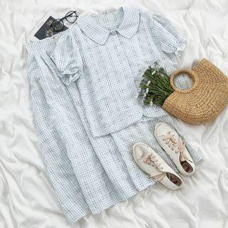 Short-sleeve Plaid Blouse / Midi Skirt