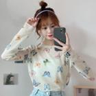 Butterfly Print Long-sleeve T-shirt As Shown In Figure - One Size
