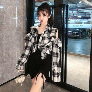 Long-sleeve Plaid Shirt / Spaghetti Strap Drawstring Mini Sheath Dress
