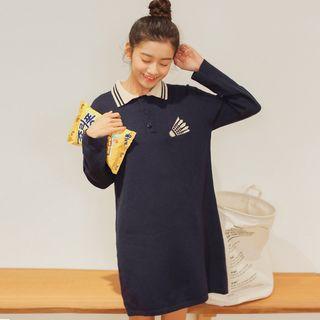 Embroidered Long-sleeve Polo Shirt Dress