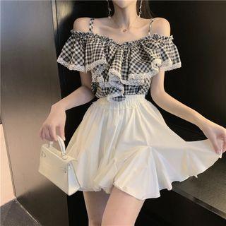 Cold-shoulder Gingham Ruffle Trim Blouse / Mini A-line Skirt