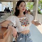 Short-sleeve Ruffled Embroidered Cropped Top White - One Size
