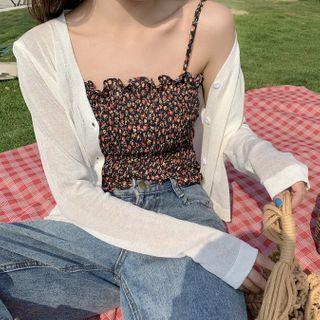 Smocked Floral Print Camisole / Sheer Knit Cardigan
