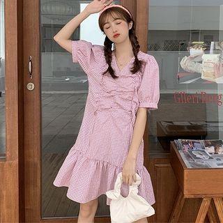 Color-block Plaid V-neck Puff-sleeve Dress