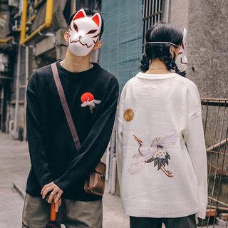 Couple-matching Crane Embroidery Sweater