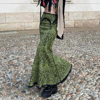 High Waist Print Lace Trim Maxi Mermaid Skirt