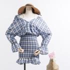 Ruffled-trim Plaid Dress With Camisole Blue - One Size