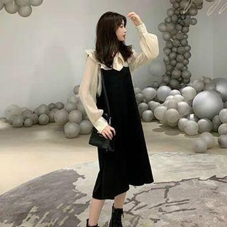 Set: Balloon-sleeve Blouse + Pinafore Dress