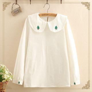 Christmas Tree Embroidered Collar Long-sleeve Blouse