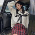 Sailor Collar Rib Knit Sweater / Plaid Mini A-line Skirt