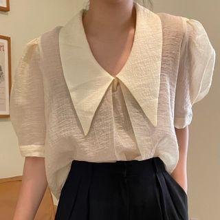 Puff-sleeve Plain Shirt Beige - One Size