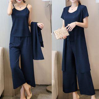 Set: Plain Camisole Top + Wide Leg Pants + Short-sleeve Long Jacket