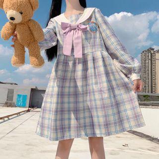 Balloon-sleeve Bear Embroidered Plaid A-line Dress