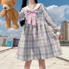 Balloon-sleeve Bear Embroidered Plaid A-line Dress