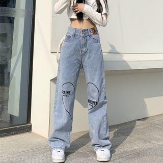 Lettering Heart Print Wide Leg Jeans