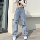 Lettering Heart Print Wide Leg Jeans