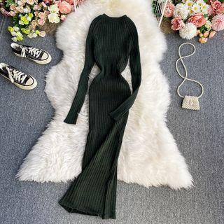 Long Sleeve Plain Slit Maxi Knit Dress