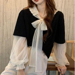 Tie-neck Mock Two-piece Blouse Black & White - One Size