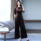 Long-sleeve Velvet Wide-leg Jumpsuit