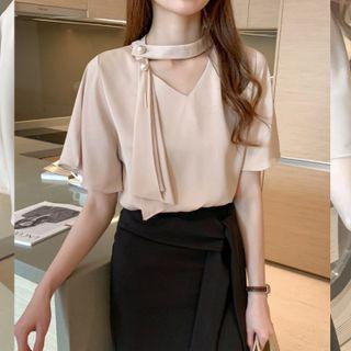 Short-sleeve Mock-tie Faux Pearl-accent Blouse