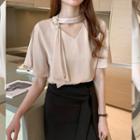 Short-sleeve Mock-tie Faux Pearl-accent Blouse