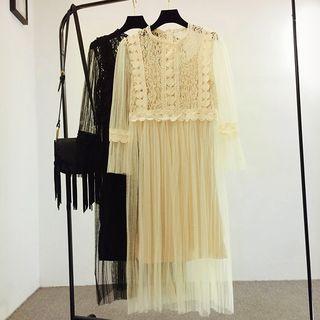 Set: Long-sleeve Lace Panel Mesh Dress + Slipdress