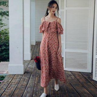 Floral Print Cold-shoulder Short-sleeve Maxi A-line Dress