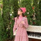 Long-sleeve Floral Print Midi A-line Dress Dress - Pink - One Size