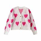 Long Sleeve Heart Print Crop Cardigan Pink - S