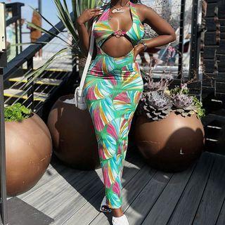 Halter O-ring Retro Print Maxi Bodycon Dress