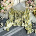 Square-neck Ruched Floral Long&puff Sleeve Chiffon Shirt