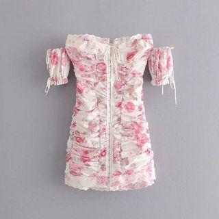 Boatneck Floral Printed Mini Dress