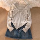 Long-sleeve Irregular Top / Belted Denim Mini Skort